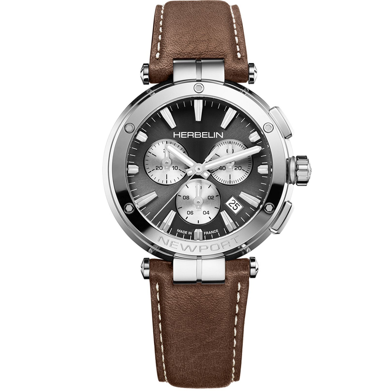 HERBELIN Newport Gent Chronograph Anthracite Dial 40.5mm Silver Stainless Steel Brown Leather Strap 37658AP24MA - 