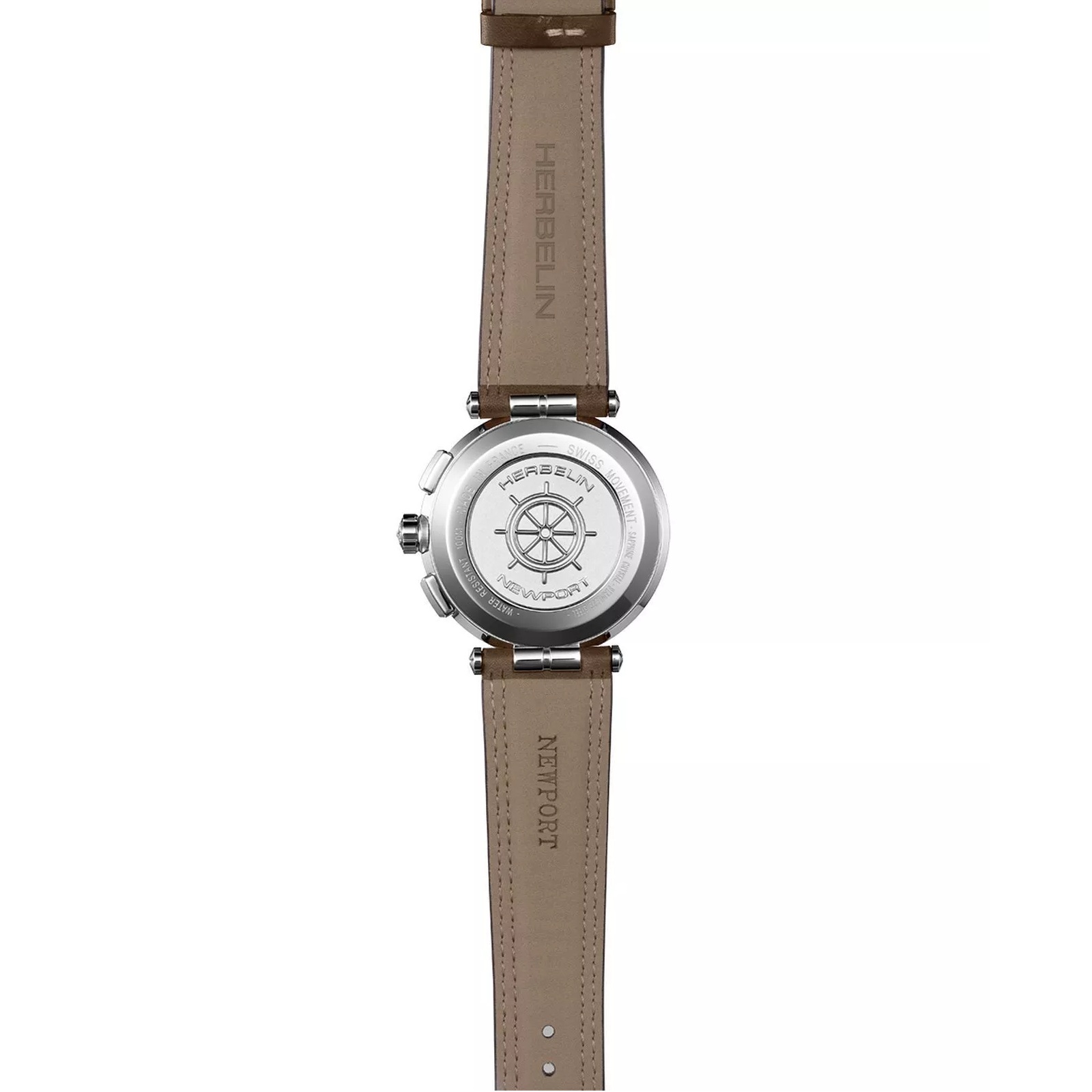 HERBELIN Newport Gent Chronograph White Dial 40.5mm Silver Stainless Steel Brown Leather Strap 37658AP42MA - 