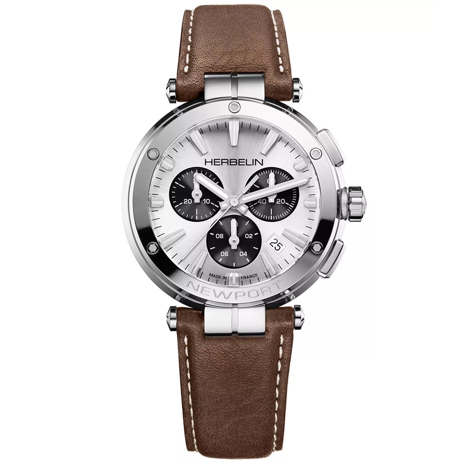 HERBELIN Newport Gent Chronograph White Dial 40.5mm Silver Stainless Steel Brown Leather Strap 37658AP42MA - 
