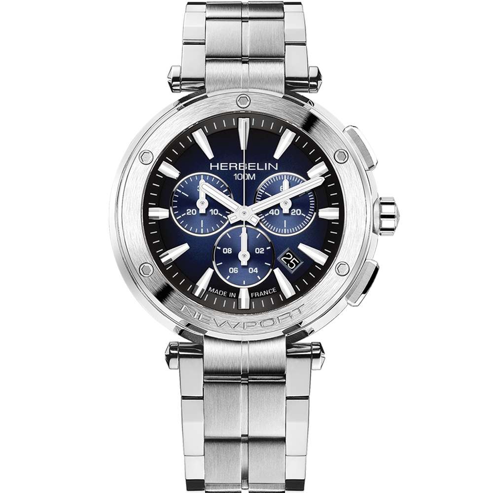 HERBELIN Newport Gent Chronograph Blue Dial 43mm Silver Stainless Steel Bracelet 37688B35 - 