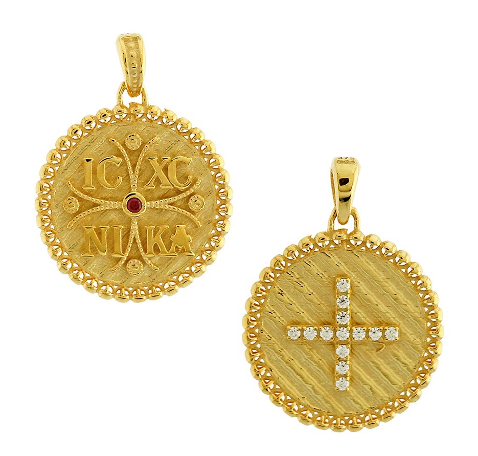 ΚΩΝΣΤΑΝΤΙΝΑΤΟ Διπλής Όψης από 9Κ Κίτρινο Χρυσό με Πέτρες Ζιργκόν 3KR.D399P - 