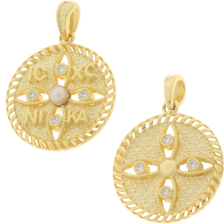 ΚΩΝΣΤΑΝΤΙΝΑΤΟ Διπλής Όψεως SENZIO Collection Κ9 Κίτρινο Χρυσό με Ζιργκόν 3KR.D644P - 