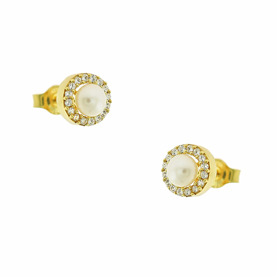 ΣΚΟΥΛΑΡΙΚΙΑ Ροζέτα με Ζιργκόν και Μαργαριτάρι 9Κ Κίτρινο Χρυσό 3SOU.1353SK  - 