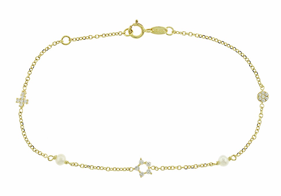 ΒΡΑΧΙΟΛΙ Γυναικείο 9K Κίτρινο Χρυσό με Ζιργκόν και  Μαργαριτάρια 3AB.02.515B - 