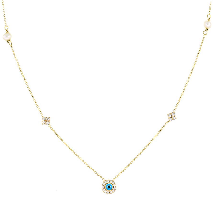 ΚΟΛΙΕ Ματάκι K9 σε Κίτρινο Χρυσό με Πέτρες Ζιργκόν με Μαργαριτάρια 3AB.619C - 