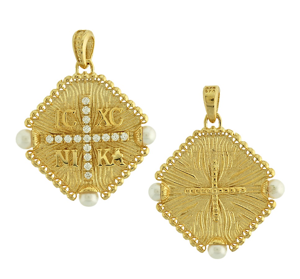 CHRISTIAN CHARMS Amulet Double Sided from K9 Yellow Gold with Zircon and Pearls 3KR.D370P