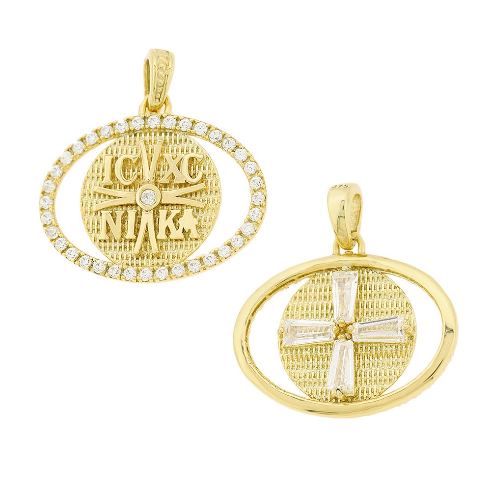 ΚΩΝΣΤΑΝΤΙΝΑΤΟ Βυζαντινό Διπλής Όψης SENZIO Collection από Κ9 Κίτρινο Χρυσό με Ζιργκόν 3KR.D440P - 