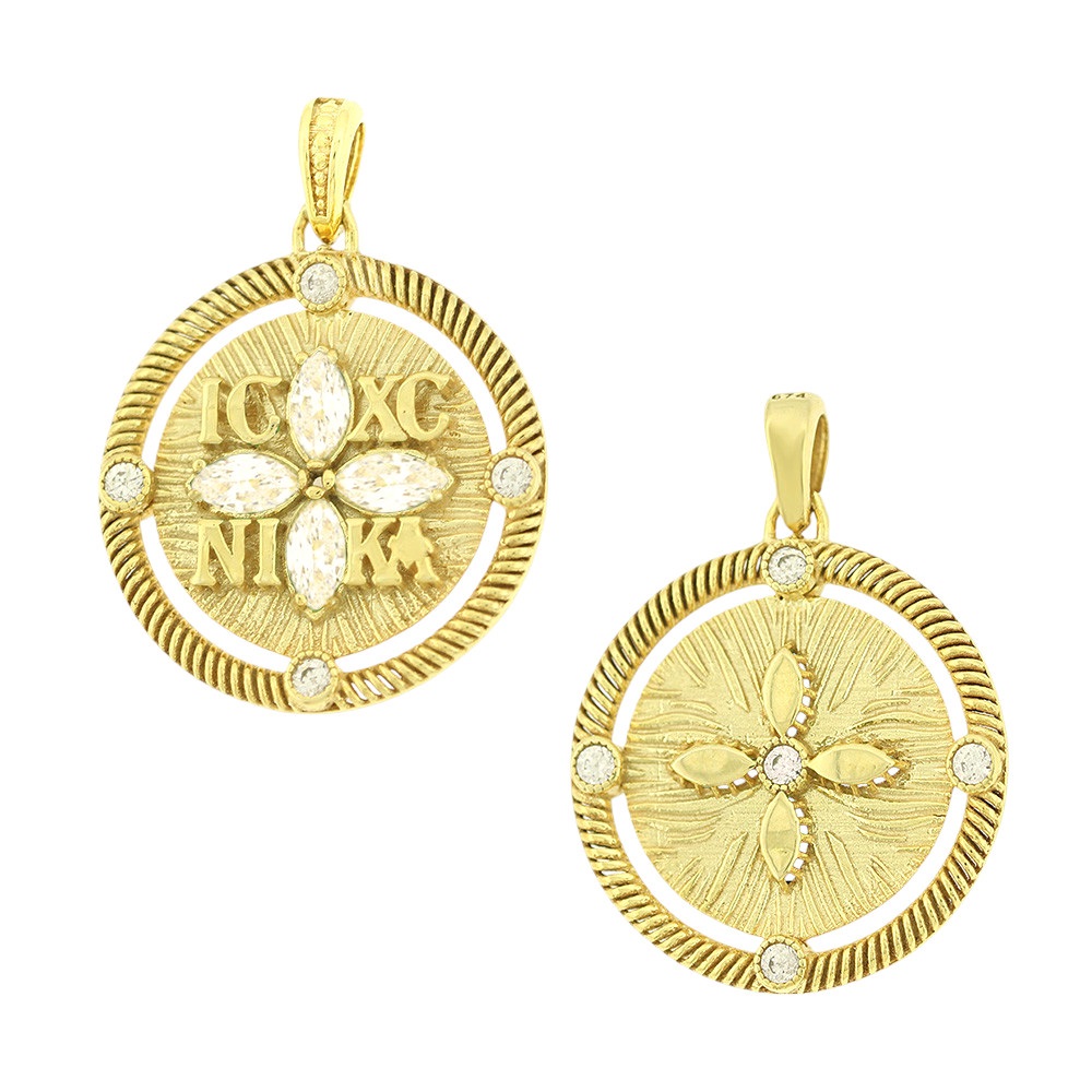 ΚΩΝΣΤΑΝΤΙΝΑΤΟ Φυλαχτό Διπλής Όψης SENZIO Collection από Κίτρινο Χρυσό Κ9 με Πέτρες Ζιργκόν 3KR.D455AP - 