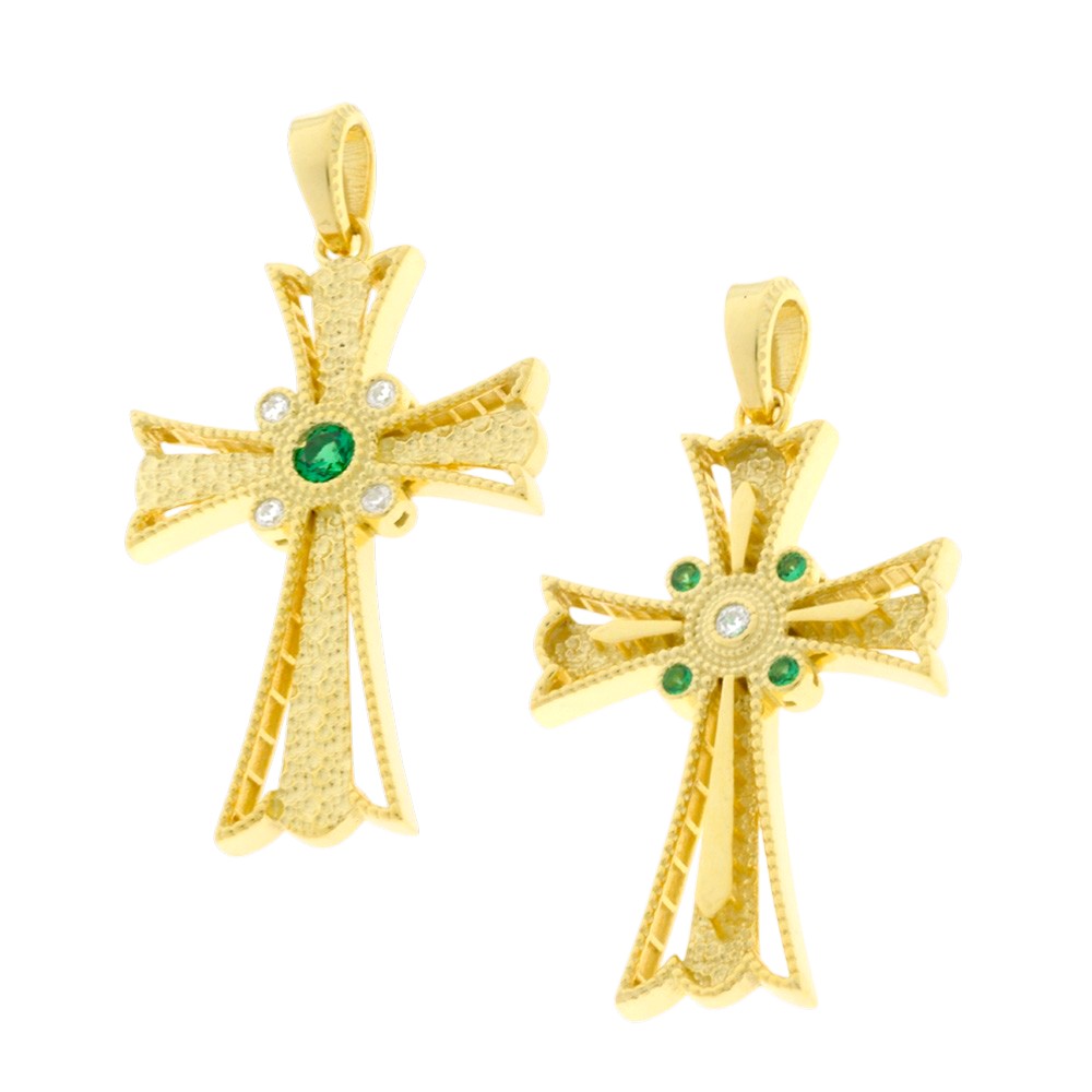 ΣΤΑΥΡΟΣ Βυζαντινός Γυναικείος Διπλής Όψεως SENZIO Collection από Κ9 Κίτρινο Χρυσό με Πέτρες Ζιργκόν 3KR.D11041CR