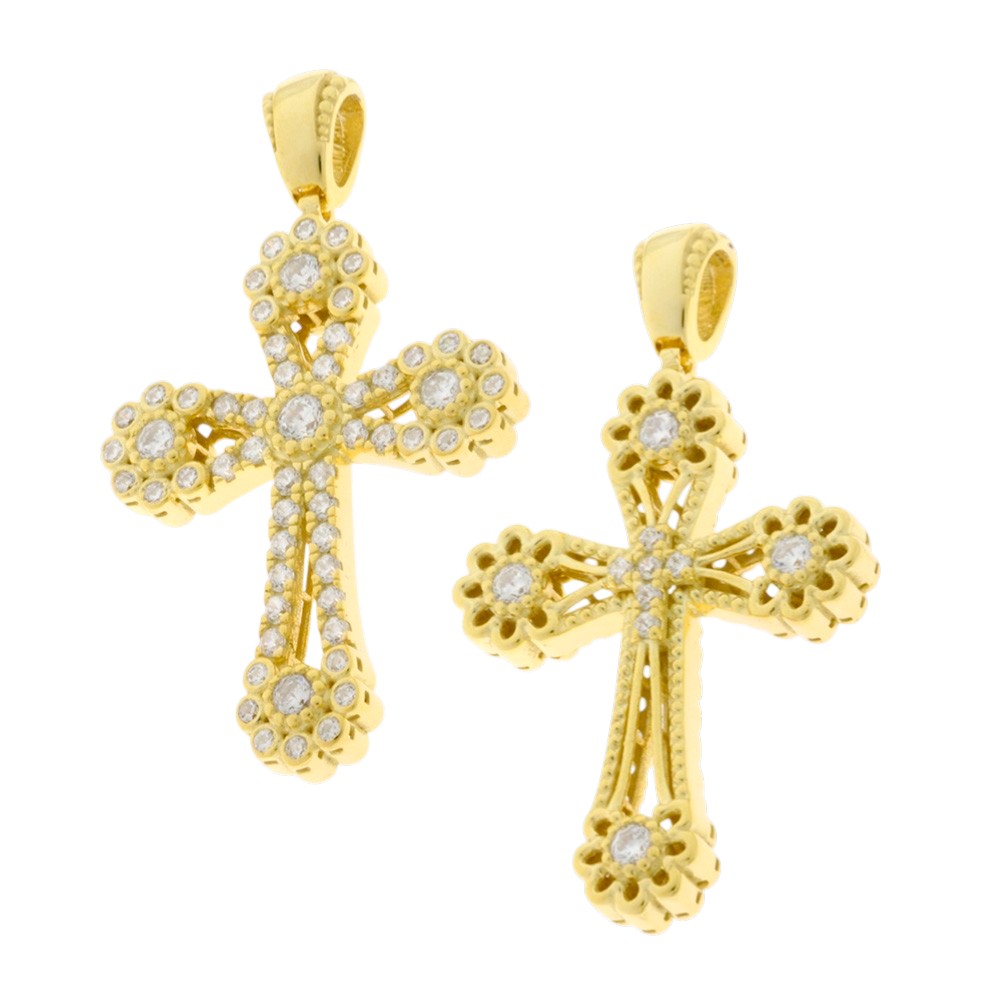 ΣΤΑΥΡΟΣ Βυζαντινός Γυναικείος Διπλής Όψεως SENZIO Collection από Κ9 Κίτρινο Χρυσό με Πέτρες Ζιργκόν 3KR.D1177CR