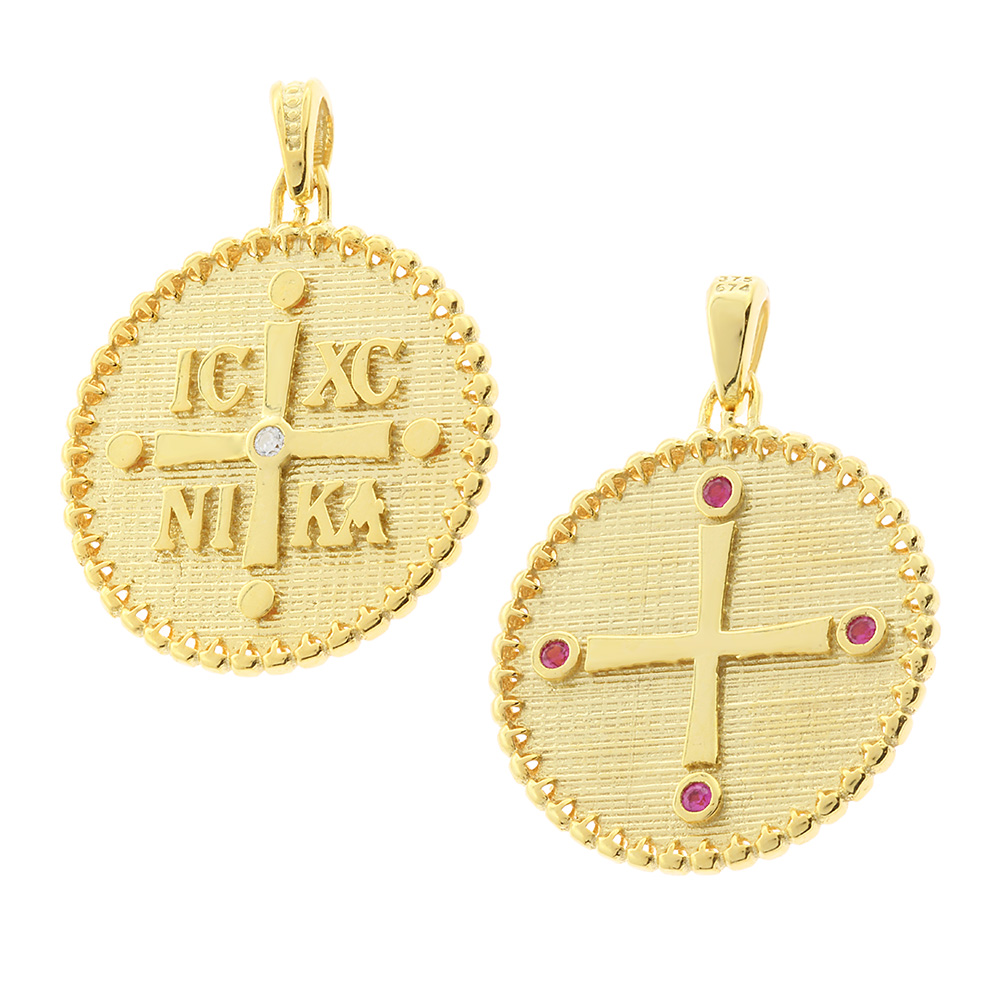 ΚΩΝΣΤΑΝΤΙΝΑΤΟ Φυλαχτό Διπλής Όψης SENZIO Collection Κ9 Κίτρινο Χρυσό με Πέτρες Ζιργκόν 3KR.D348P - 