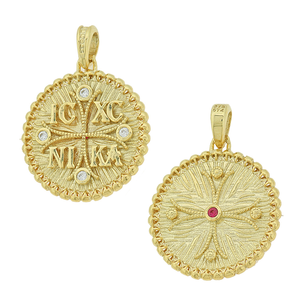 ΚΩΝΣΤΑΝΤΙΝΑΤΟ Φυλαχτό Διπλής Όψης SENZIO Collection Κ9 Κίτρινο Χρυσό με Πέτρες Ζιργκόν 3KR.D365P - 