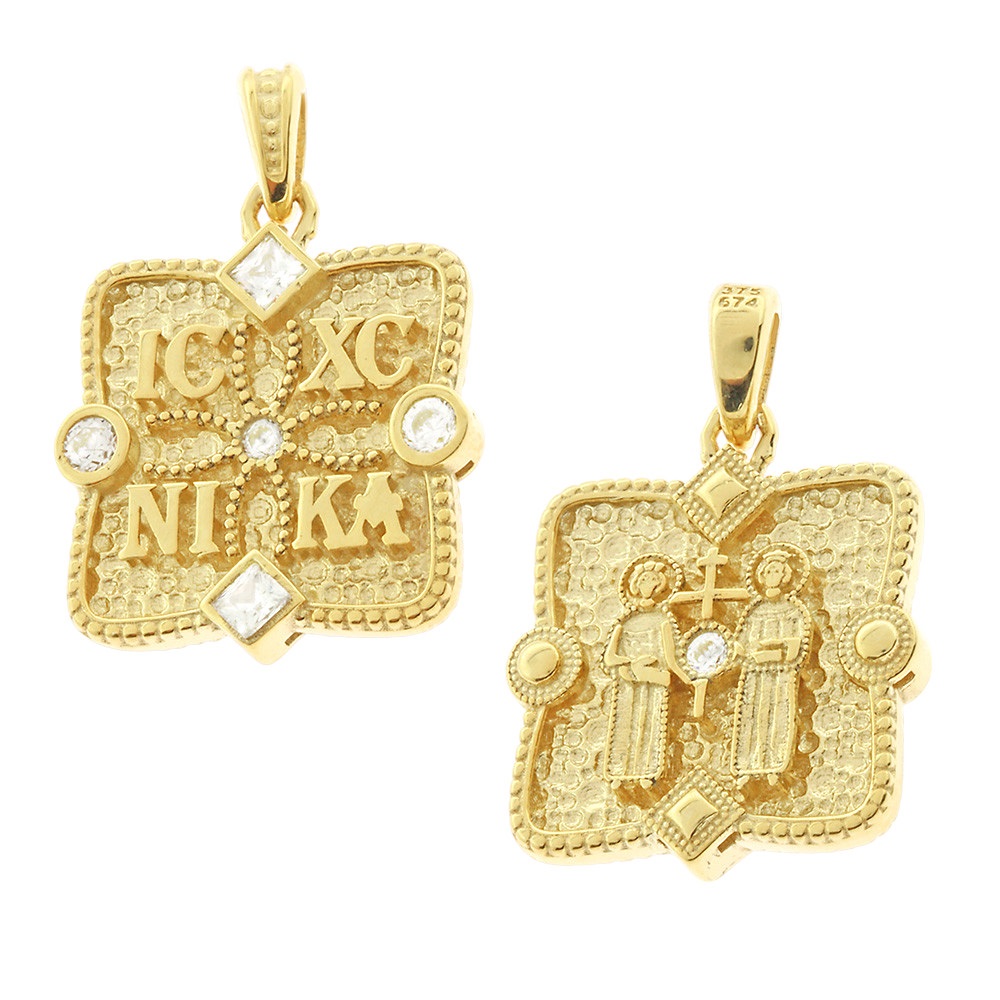 ΚΩΝΣΤΑΝΤΙΝΑΤΟ Φυλαχτό Διπλής Όψης SENZIO Collection Κ9 Κίτρινο Χρυσό με Πέτρες Ζιργκόν 3KR.D543P