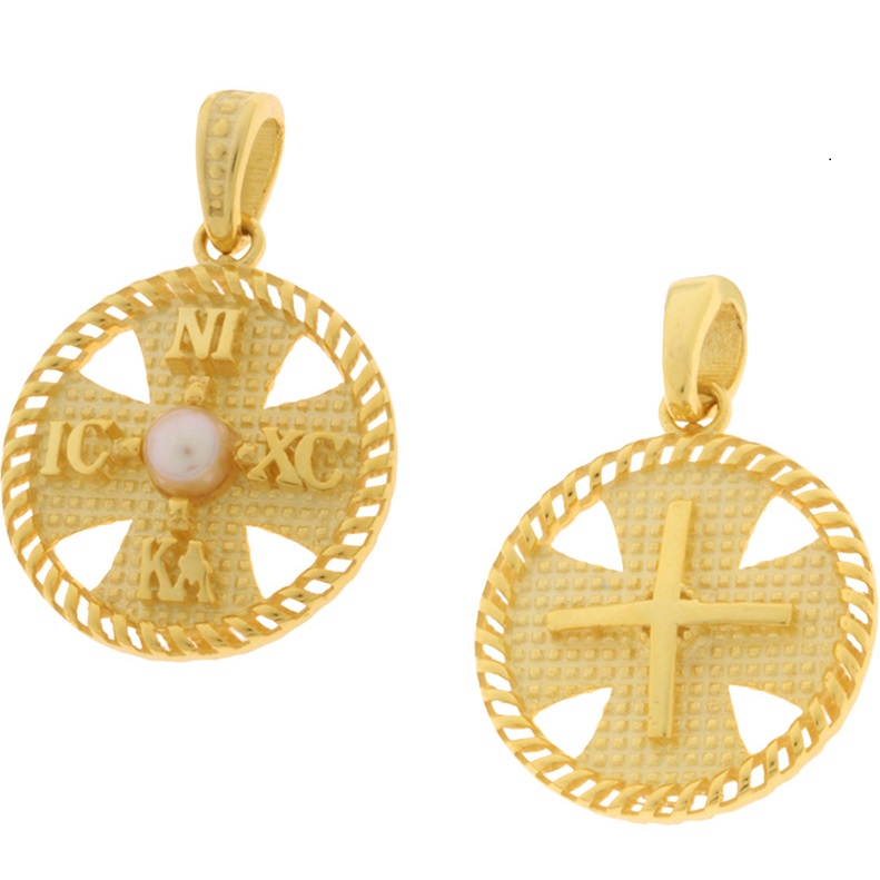 ΚΩΝΣΤΑΝΤΙΝΑΤΟ Διπλής Όψεως SENZIO Collection Κ9 Κίτρινο Χρυσό με Μαργαριτάρι 3KR.D744P - 