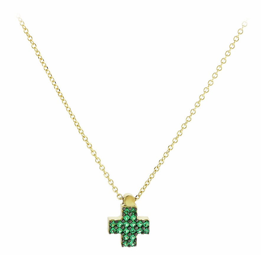 CROSS with Chain SENZIO Collection K9 Yellow Gold with Green Zircon Stones 3SOU.1214GC - 