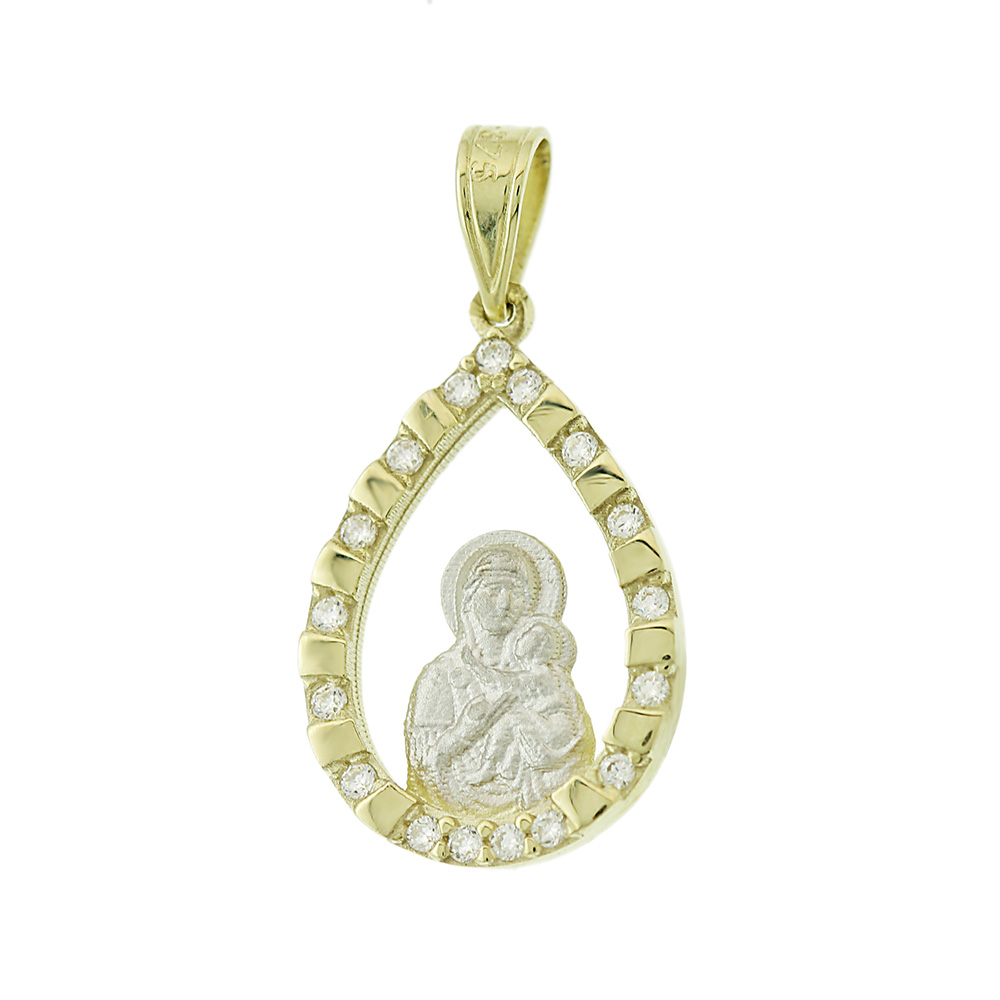 VIRGIN MARY Amulet SENZIO Collection K9 Yellow & White Gold with Zircon Stones 3VAR.P012P - 
