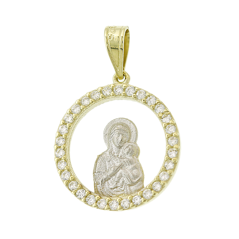 VIRGIN MARY Amulet SENZIO Collection K9 Yellow & White Gold with Zircon Stones 3VAR.P016P - 