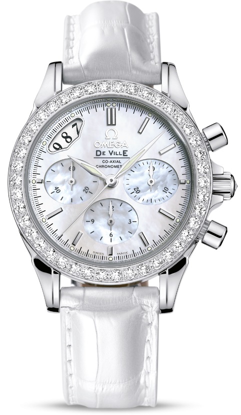 OMEGA De Ville Jewellery Co-Axial Chronograph 35mm Silver Stainless Steel White Leather Strap 48777036 - 