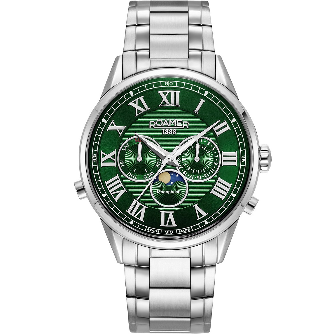 ROAMER Superior Moonphase II Green Dial 43mm Silver Stainless Steel Bracelet 513821-41-75-50 - 