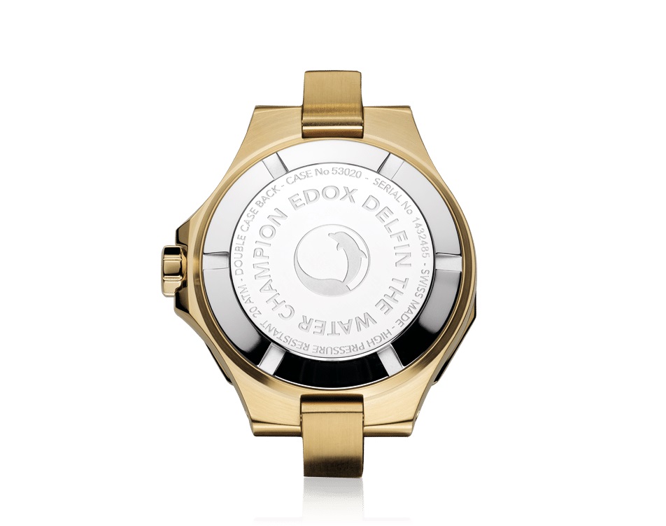 EDOX Delfin The Original Diver Lady White Pearl Dial with Diamonds 38mm Gold Stainless Steel Bracelet 53020-37JM-NADD - 