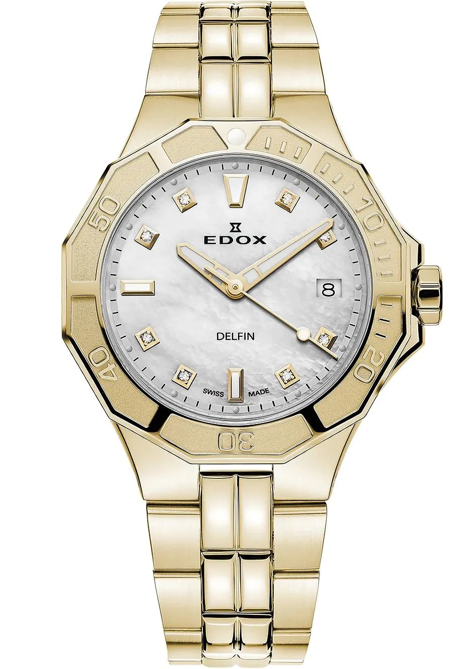 EDOX Delfin The Original Diver Lady White Pearl Dial with Diamonds 38mm Gold Stainless Steel Bracelet 53020-37JM-NADD - 