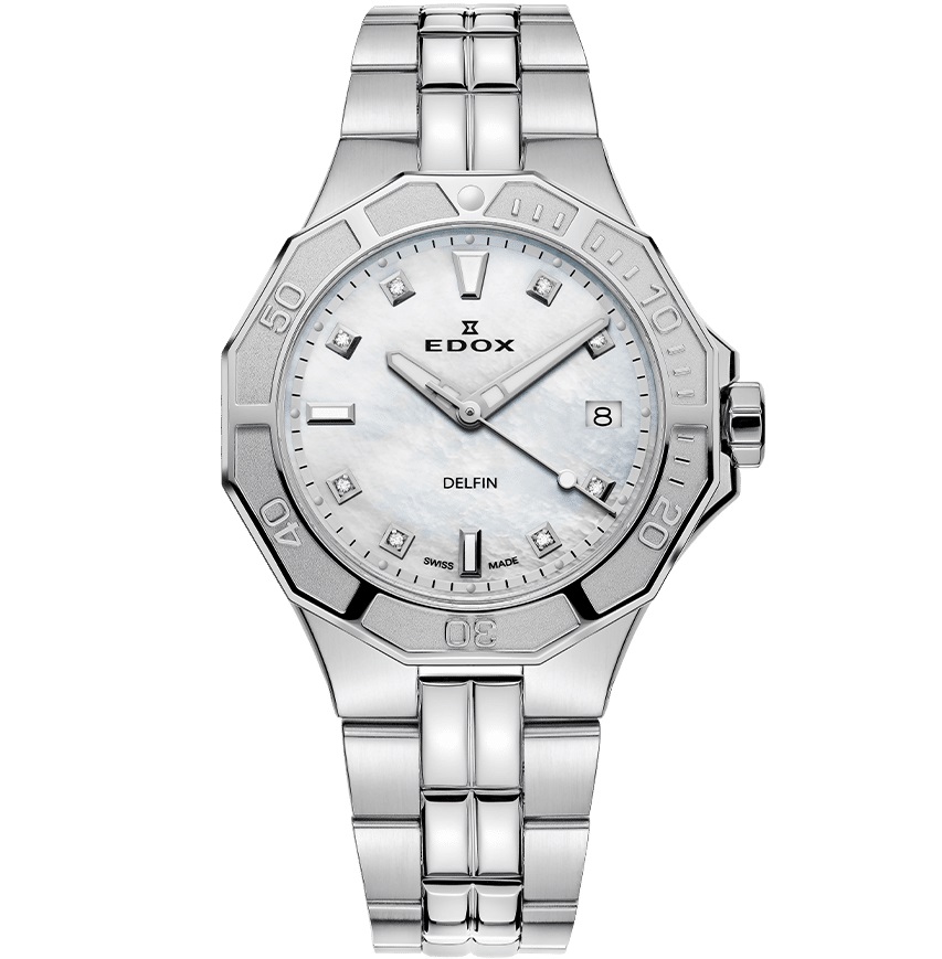 EDOX Delfin The Original Diver Lady White Pearl Dial with Diamonds 38mm Silver Stainless Steel Bracelet 53020-3M-NADN - 