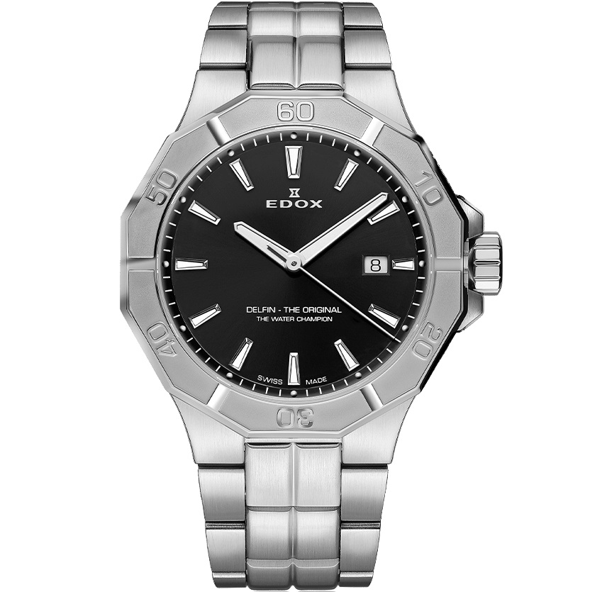EDOX Delfin The Original Black Dial 43mm Silver Stainless Steel Bracelet 53021-3M-NIN - 