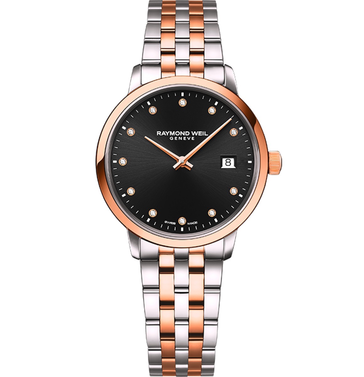 RAYMOND WEIL Toccata Black Dial with Diamonds 29mm Two Tone Rose Gold Stainless Steel Bracelet 5985-SP5-20081 - 
