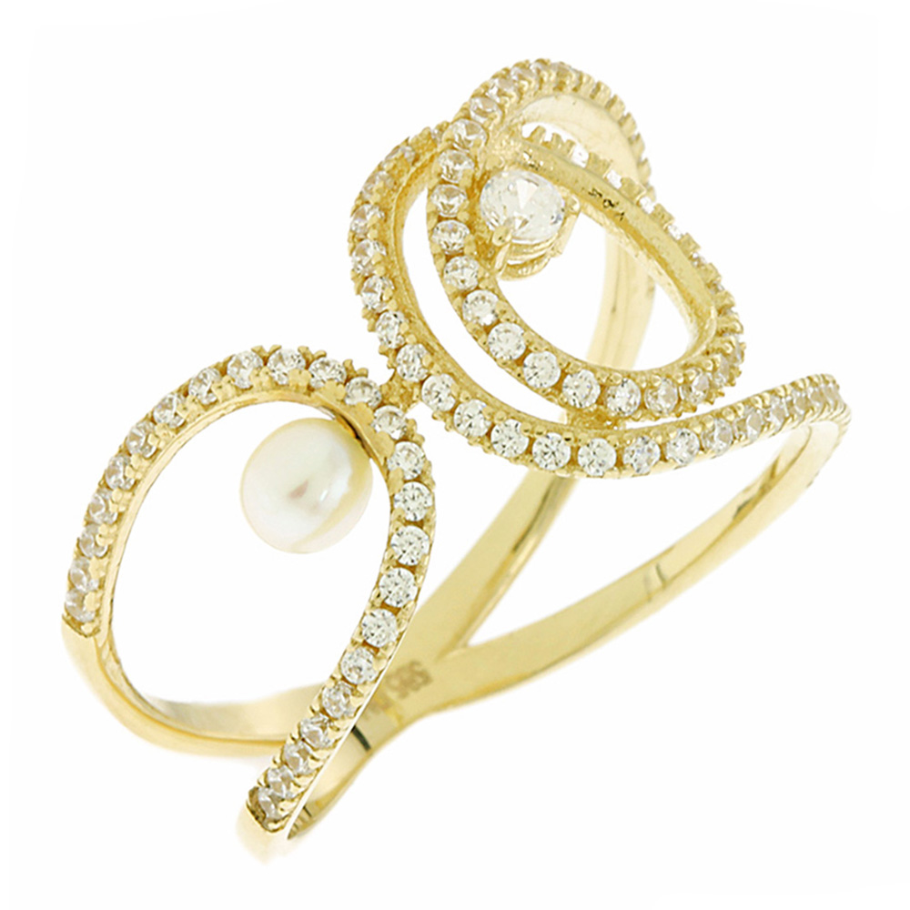 ΔΑΧΤΥΛΙΔΙ SENZIO Collection Κίτρινο Χρυσό 14K με Πέτρες Ζιργκόν και Μαργαριτάρι 5DIV.52MR - 