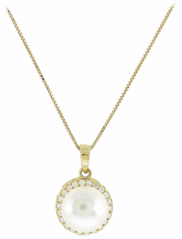 ΚΟΛΙΕ Ροζέτα με Ζιργκόν και Μαργαριτάρι 14Κ Κίτρινο Χρυσό 5FM.01.21388C - 