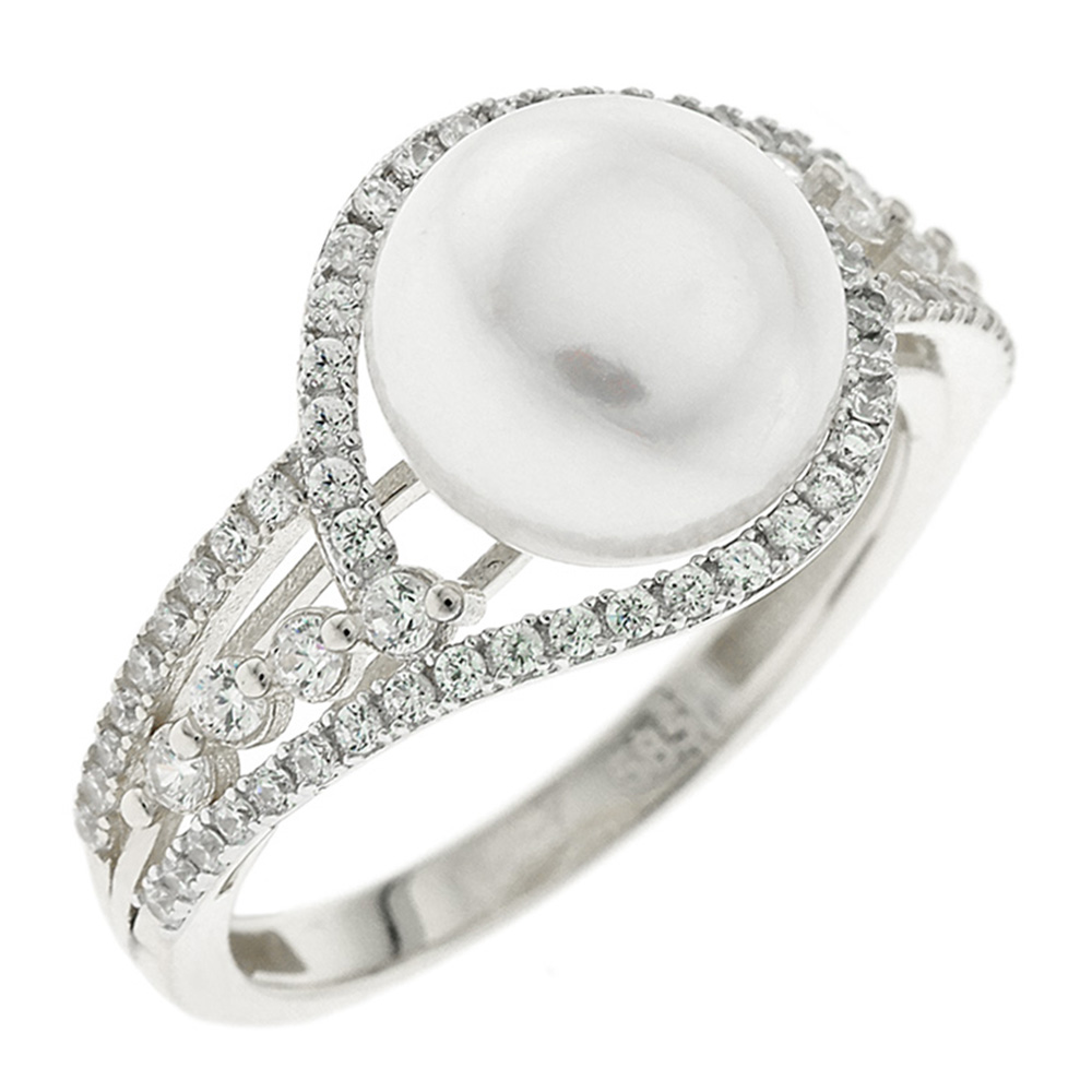 ΔΑΧΤΥΛΙΔΙ SENZIO Collection Λευκό Χρυσό Κ14 με Πέτρες Ζιργκόν και Μαργαριτάρι 5FM.037BR