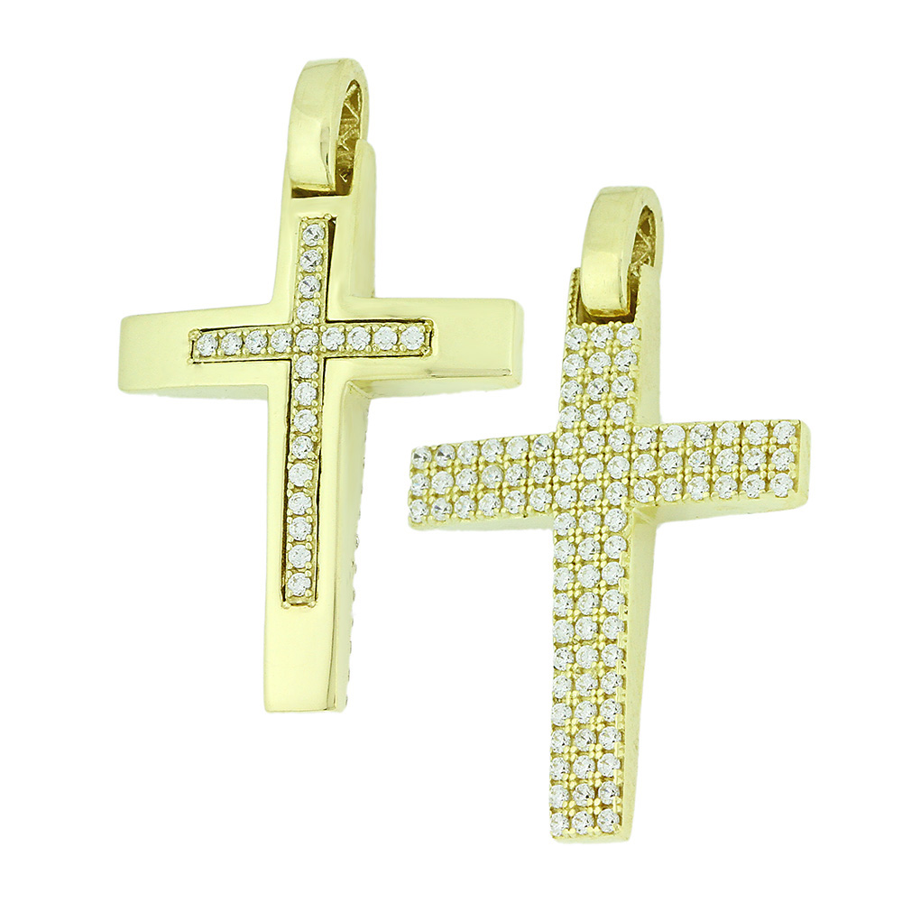 ΣΤΑΥΡΟΣ Διπλής Όψης από Κ14 Κίτρινο Χρυσό με Πέτρες Ζιργκόν 5KR.01.D27CR