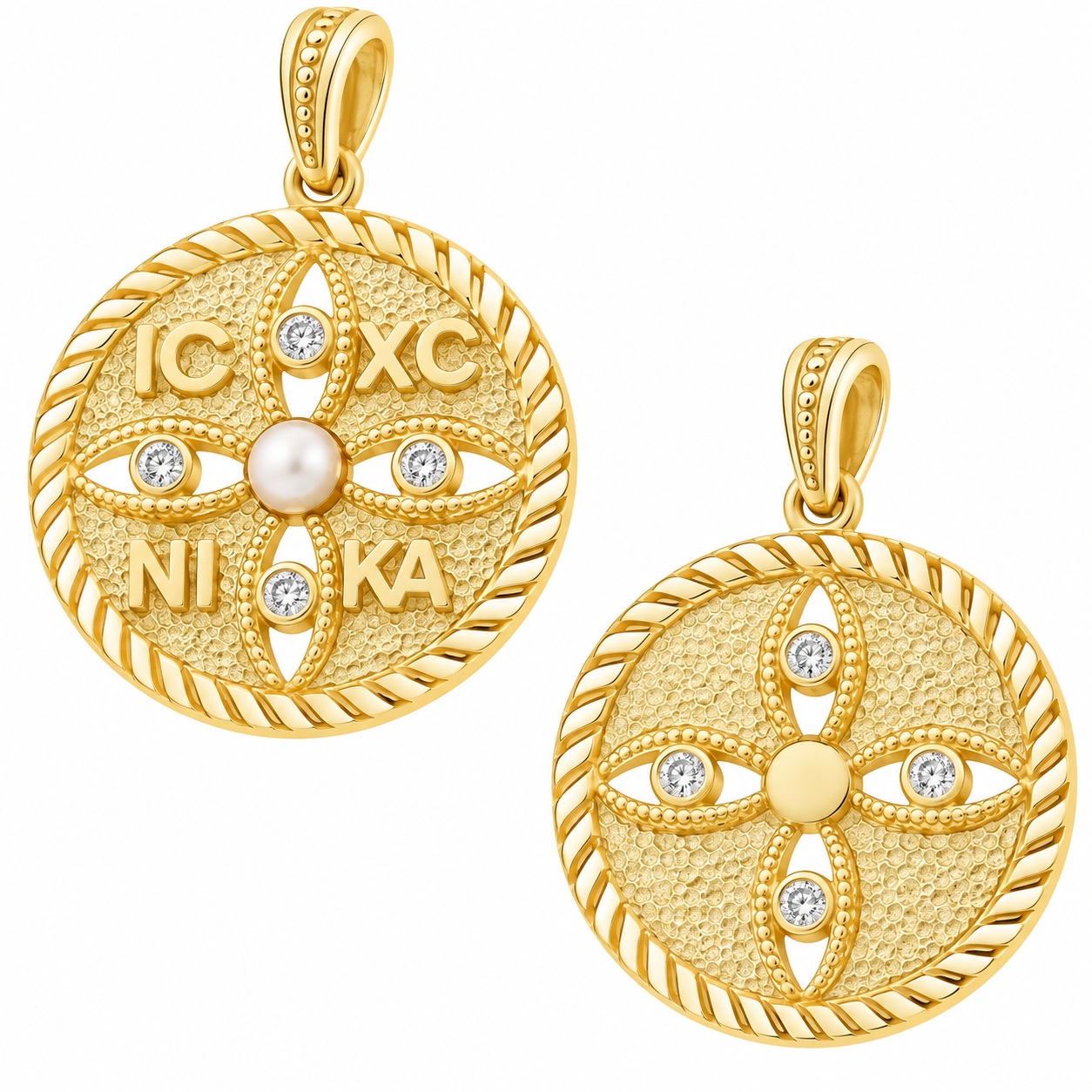 PENDANT Double-Faced Constantinato SENZIO Collection from K14 Yellow Gold with Zircon Stones and Pearl 5KR.D644P - 