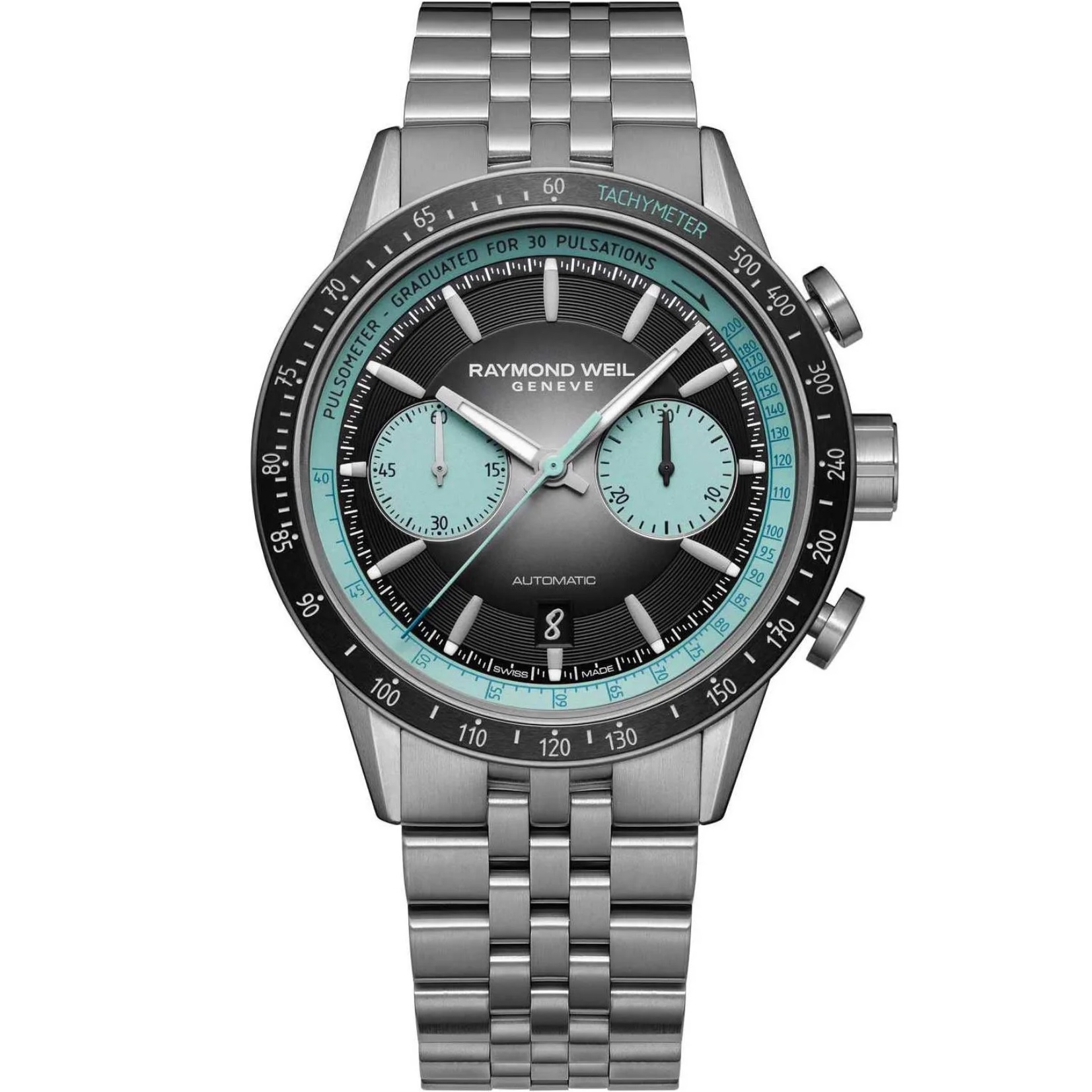 RAYMOND WEIL Freelancer Pop Bi-Compax Chronograph Limited Edition Black - Turquoise Dial 43.5mm Silver Titanium Bracelet 7780-TI-20425 - 