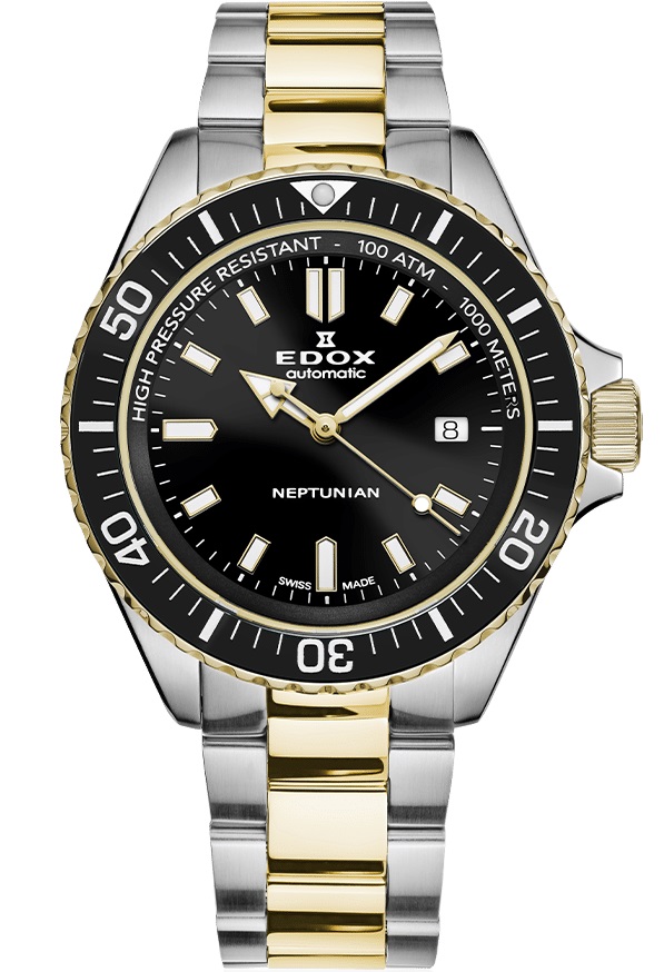 EDOX Neptunian Diver Black Dial 44mm Two Tone Gold Stainless Steel Bracelet 80120-357JM-NID - 