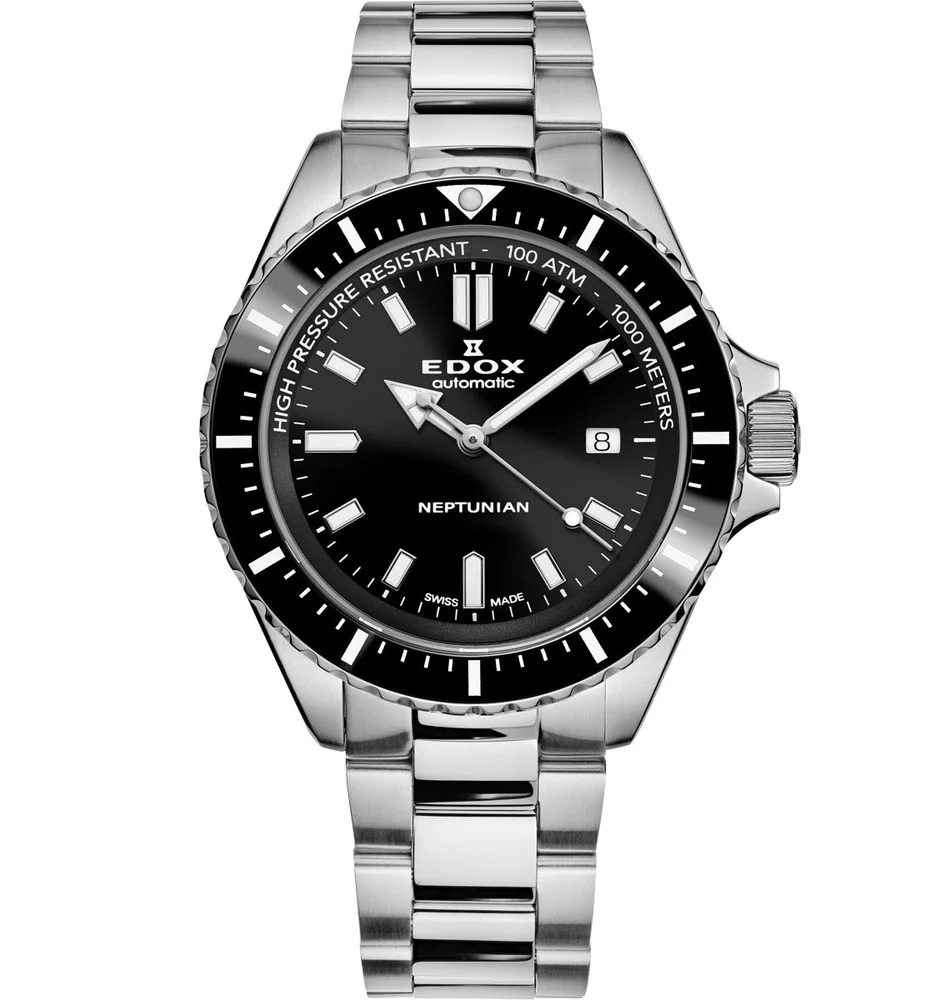 EDOX Neptunian Diver Black Dial 44mm Silver Stainless Steel Bracelet 80120-3NM-NIN - 