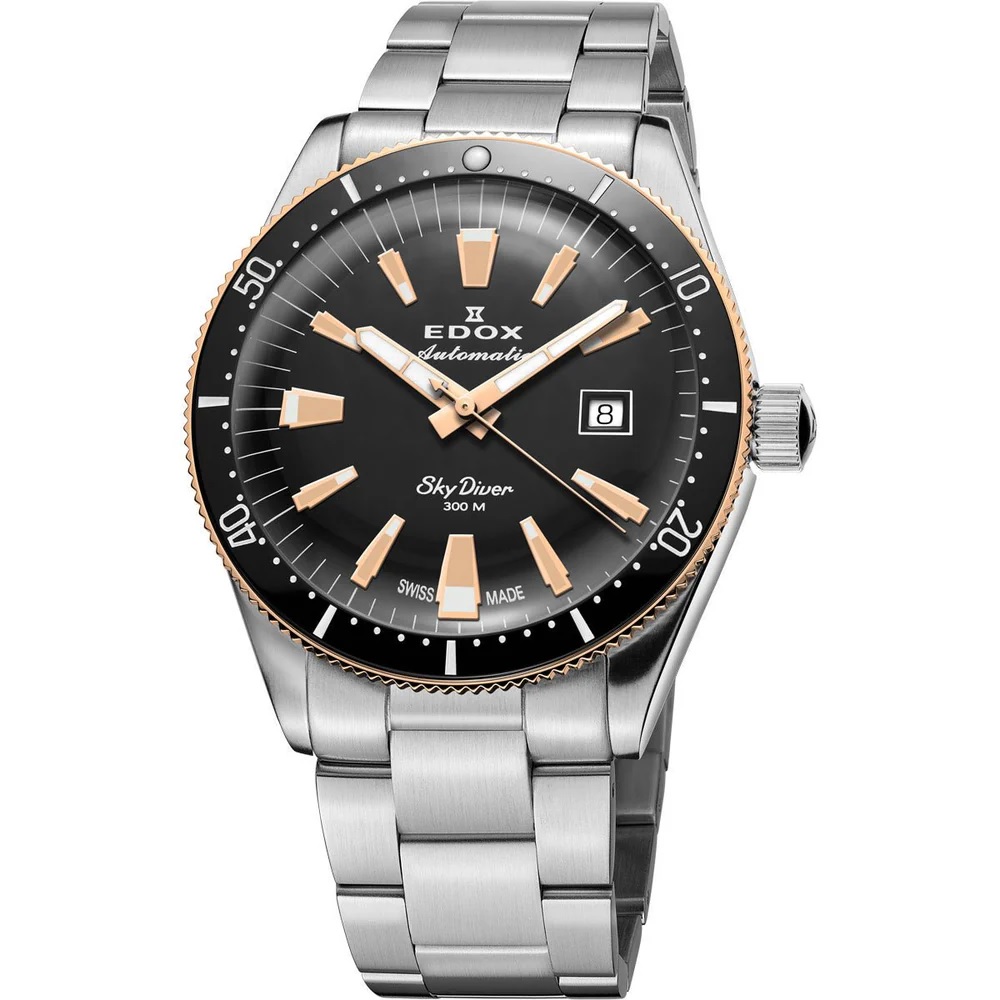 EDOX SkyDiver Date Automatic Limited Edition Black Dial 42mm Silver Stainless Steel Bracelet 80126-357RNM-NIRB - 
