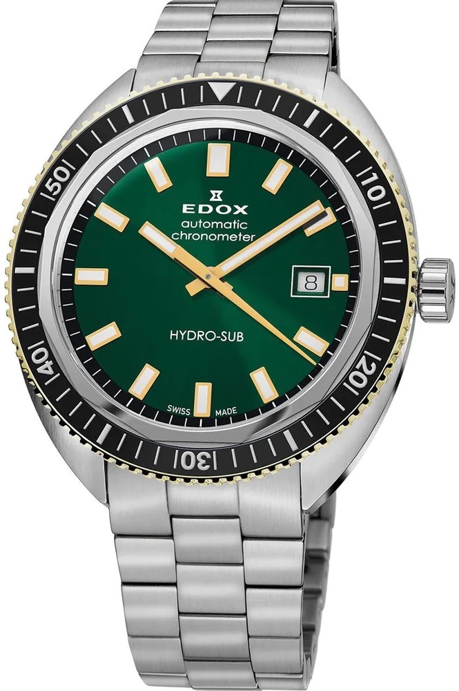 EDOX Hydro-Sub Date Automatic Chronometer Green Dial 42mm Silver Stainless Steel Bracelet 80128-357JNM-VID - 
