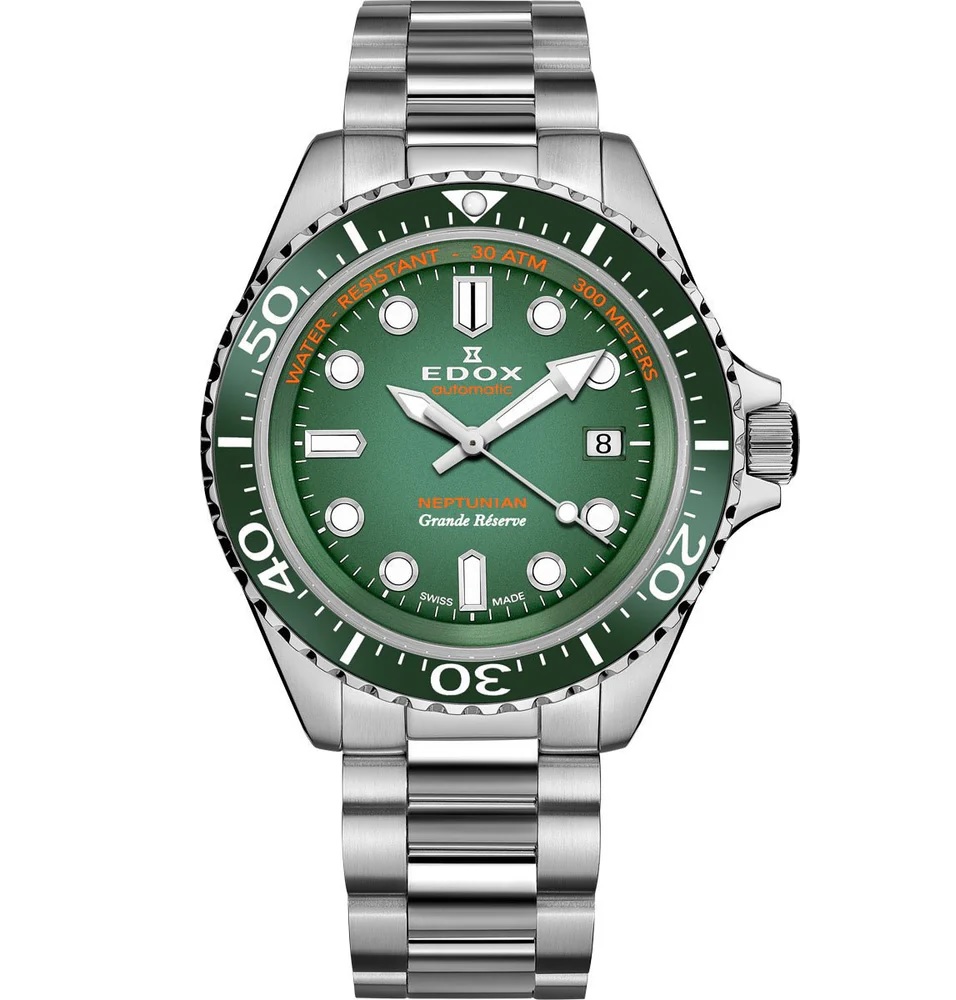 EDOX Neptunian Grande Reserve Diver Green Dial 42mm Silver Stainless Steel Bracelet 80801-3VM-VDN - 