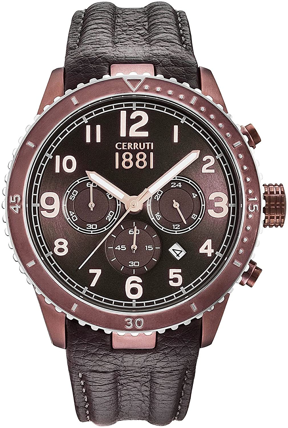 CERRUTI 1881 Voltera Chronograph 46mm Rose Gold Stainless Steel Brown Leather Strap CRA104SBR12BR - 