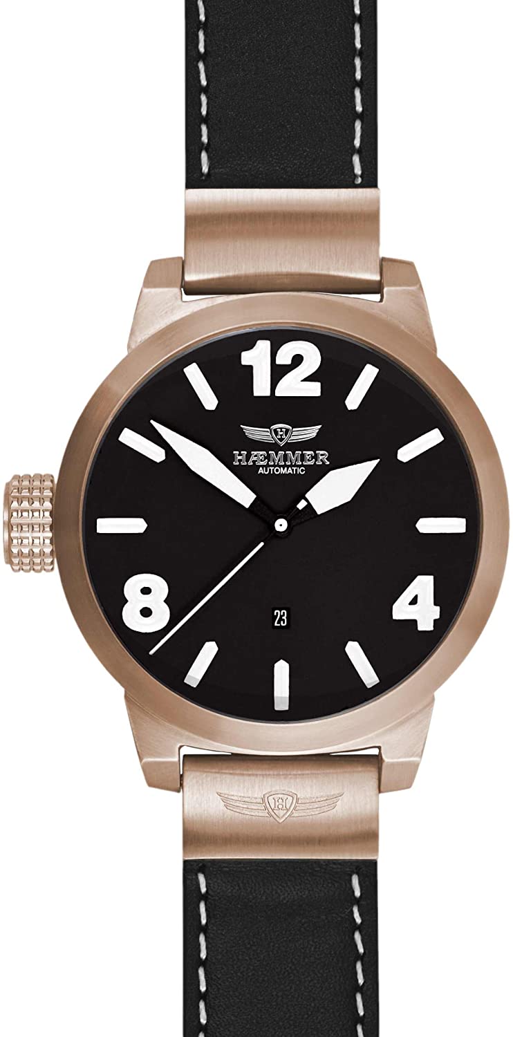 HAEMMER Gents 50mm Rose Gold Stainless Steel Black Leather Strap HC-10