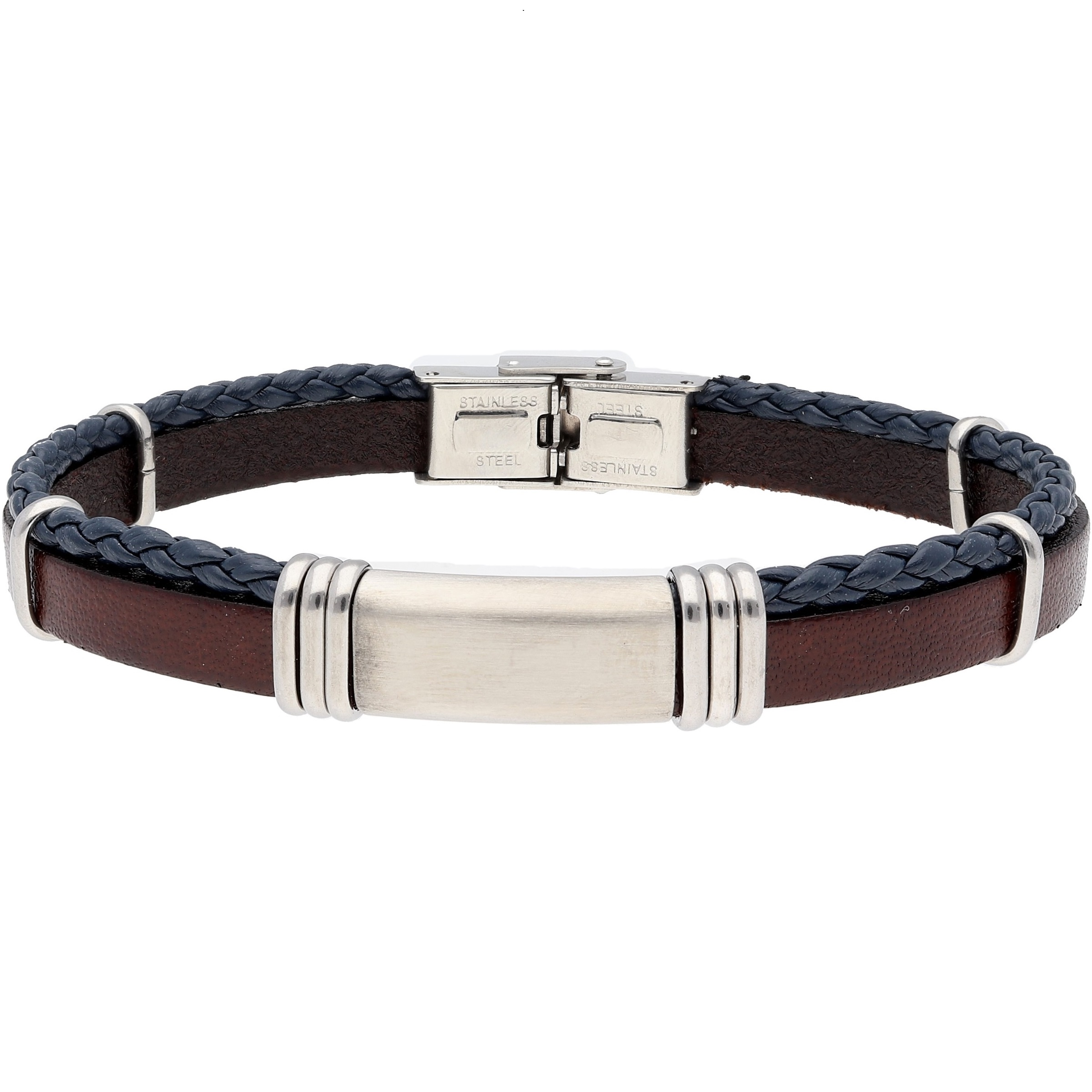 ΒΡΑΧΙΟΛΙ Ανδρικό LISKA Leather Collection από Καφέ και Μπλε Δέρμα και Ασημί Ανοξείδωτο Ατσάλι 84BA1056 - 
