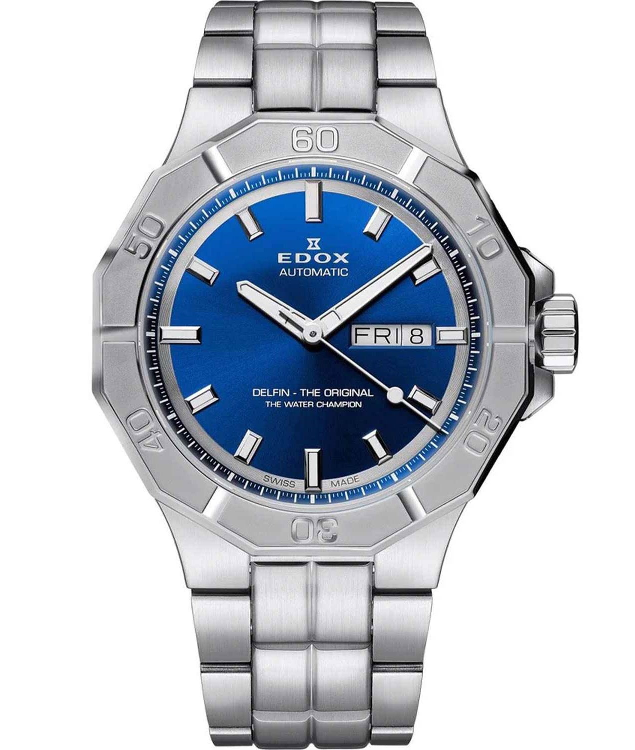 EDOX Delfin The Original Day Date Automatic Blue Dial 43mm Silver Stainless Steel Bracelet 88008-3M-BUIN - 