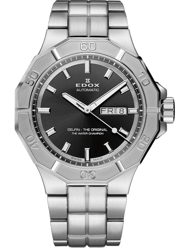 EDOX Delfin The Original Day Date Automatic Black Dial 43mm Silver Stainless Steel Bracelet 88008-3M-NIN - 