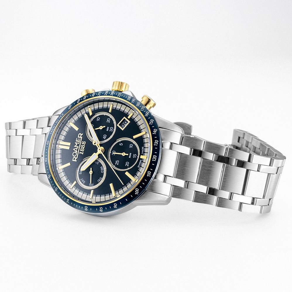ROAMER Mercury Chrono Blue-Gold Sunray Dial 43.5mm Silver Stainless Steel Bracelet 968988-47-45-20 - 