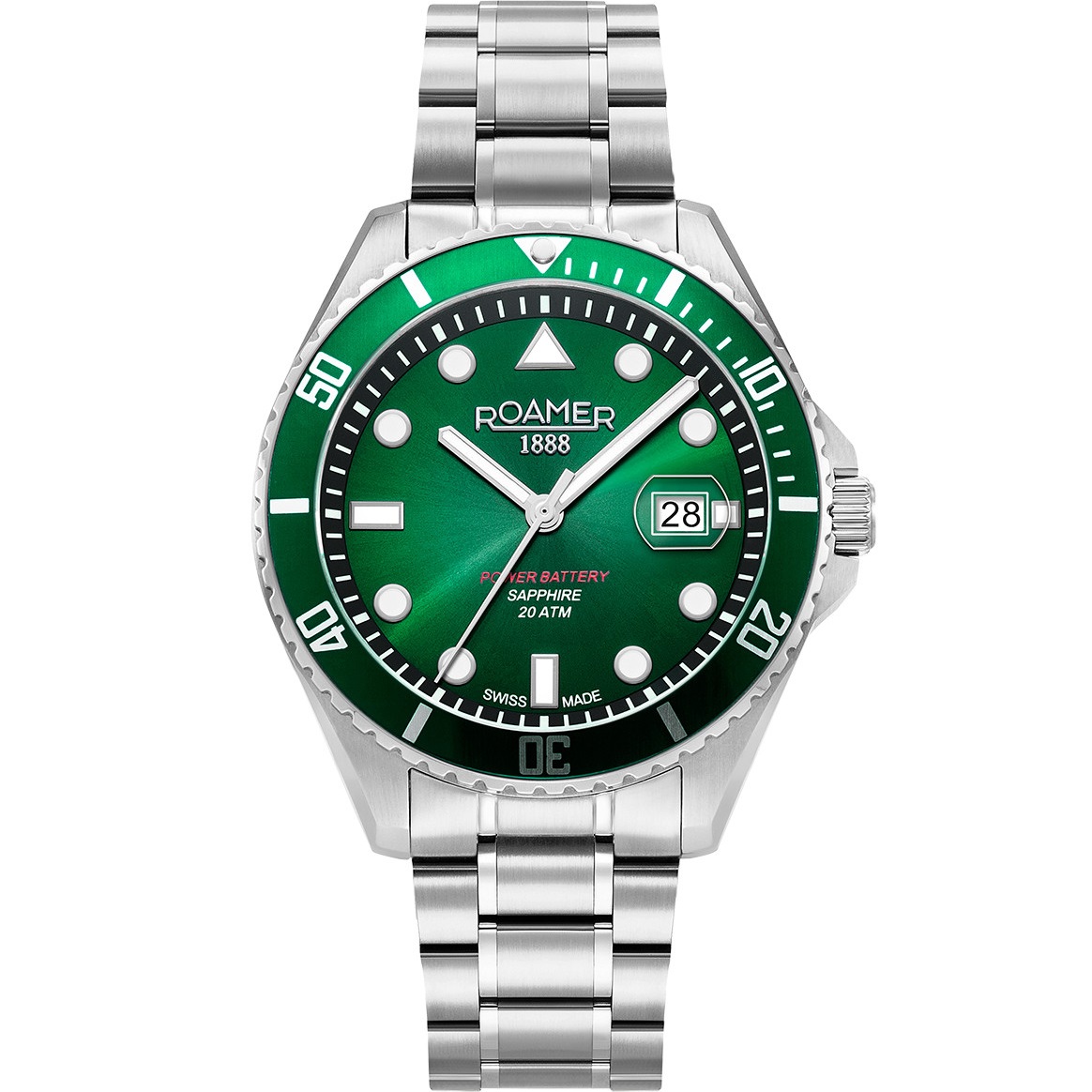 ROAMER Pro Scuba 200 Green Dial 43mm Silver Stainless Steel Bracelet 969845-41-75-20 - 