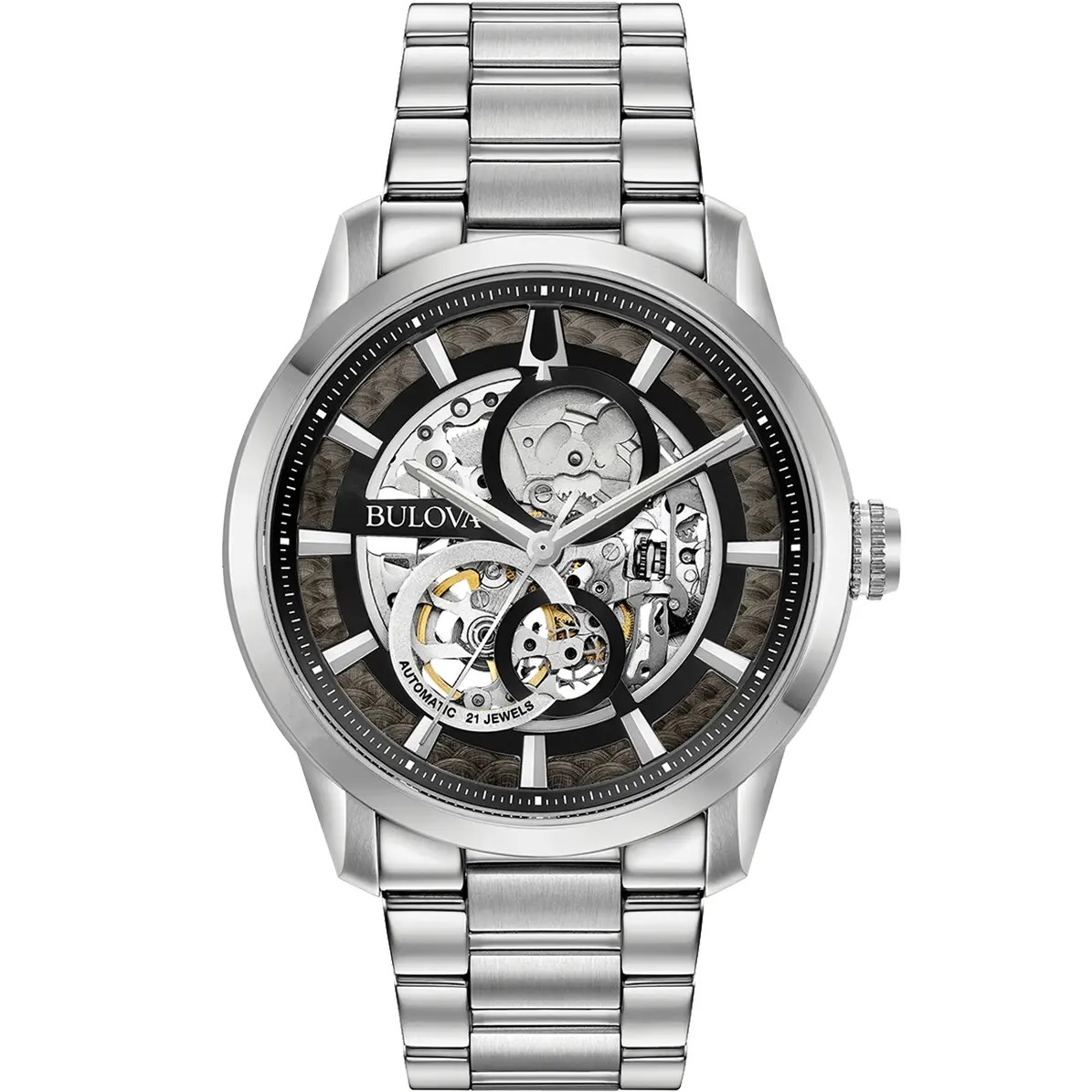 BULOVA Sutton Skeleton Automatic Black Dial 43mm Silver Stainless Steel Bracelet 96A208 - 