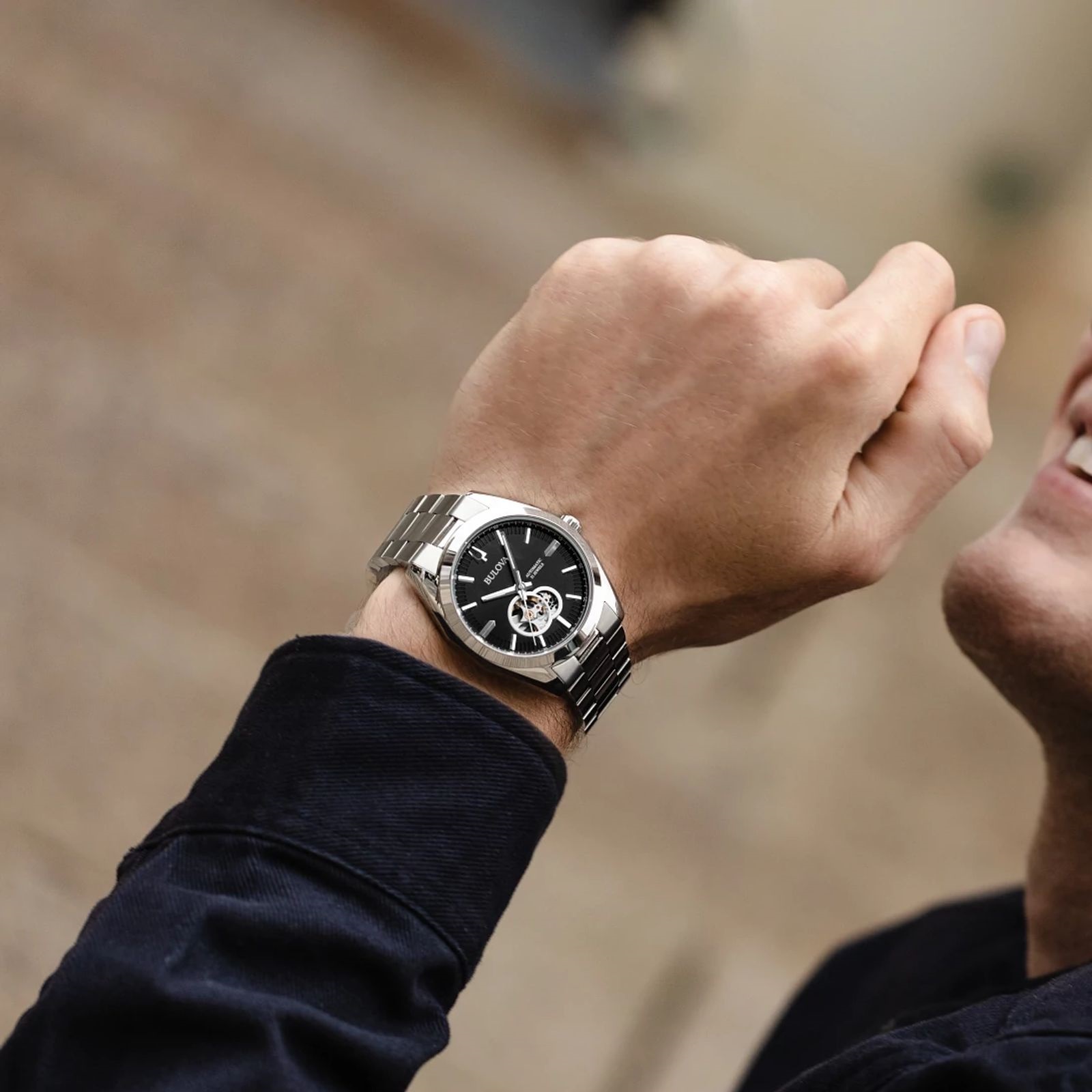 BULOVA Surveyor Open Aperture Automatic Black Dial 42mm Silver Stainless Steel Bracelet 96A270 - 