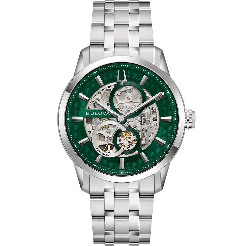BULOVA Sutton Skeleton Automatic Green Dial 40mm Silver Stainless Steel Bracelet 96A329 - 