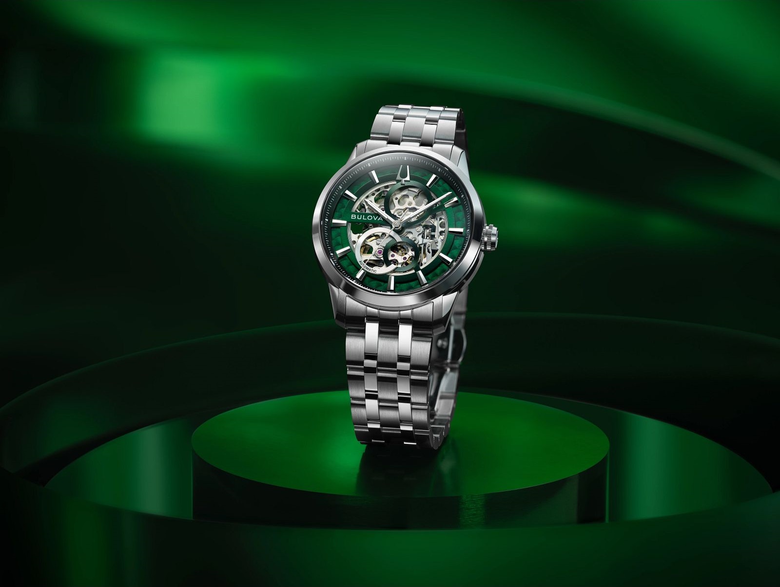 BULOVA Sutton Skeleton Automatic Green Dial 40mm Silver Stainless Steel Bracelet 96A329 - 5